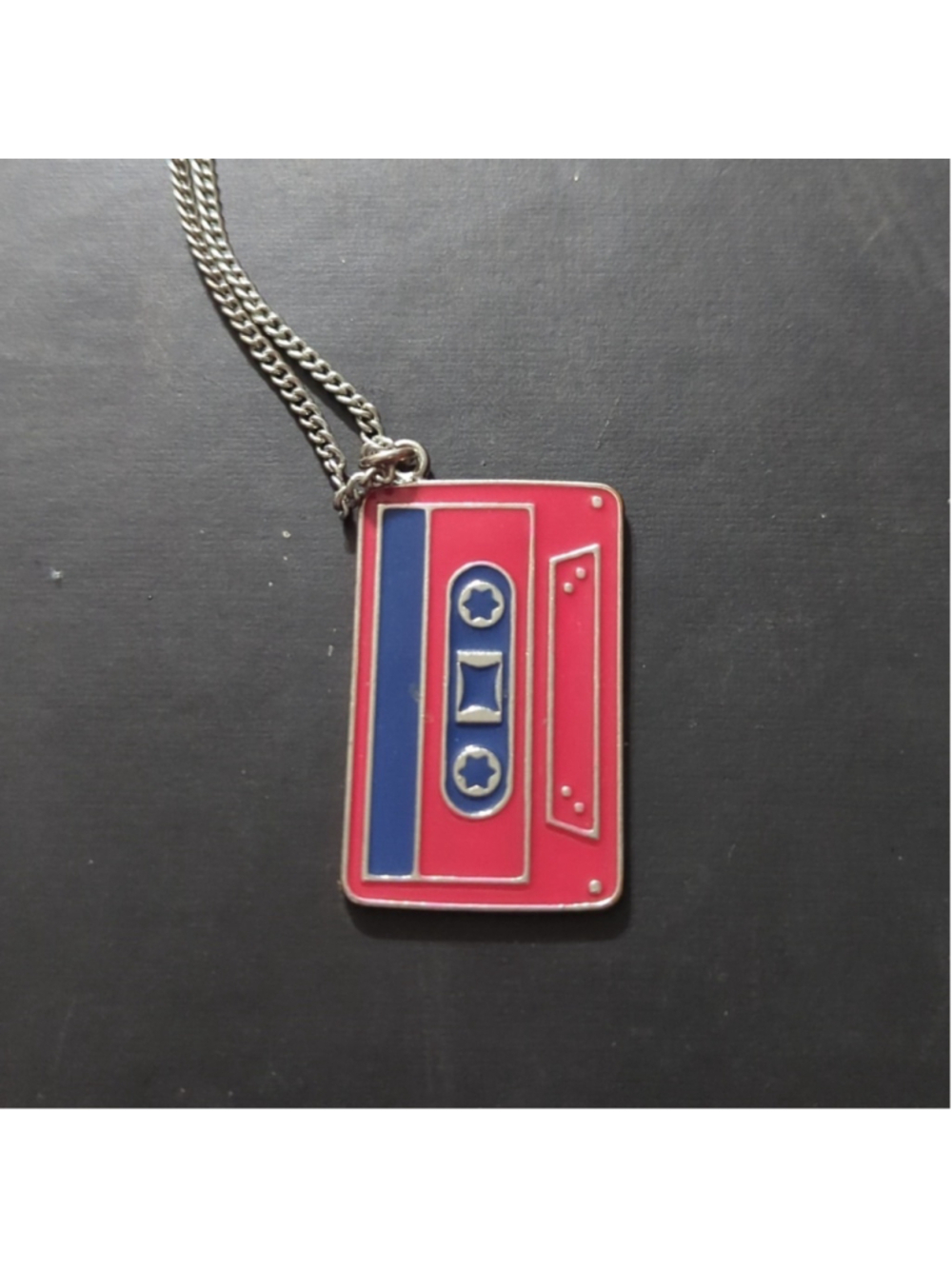 Silver Tone Red and Blue Enamel Cassette Tape Pendant Statement Necklace
